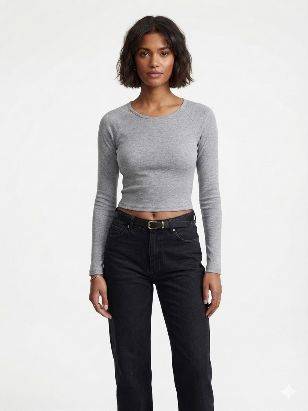 Grey Ribbed Crewneck Long-sleeve Cropped Top